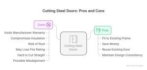 Infographic titled "Cutting Steel Doors: Pros and Cons" showing a central box labeled “Cutting Steel Doors” connected to two columns.