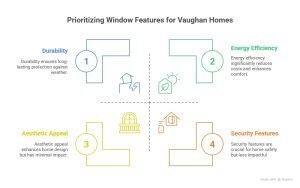 A graphic illustrating the top four factors to consider when prioritizing window features for Vaughan homes: Durability, Energy Efficiency, Aesthetic Appeal, and Security Features, with corresponding icons and brief descriptions for each.