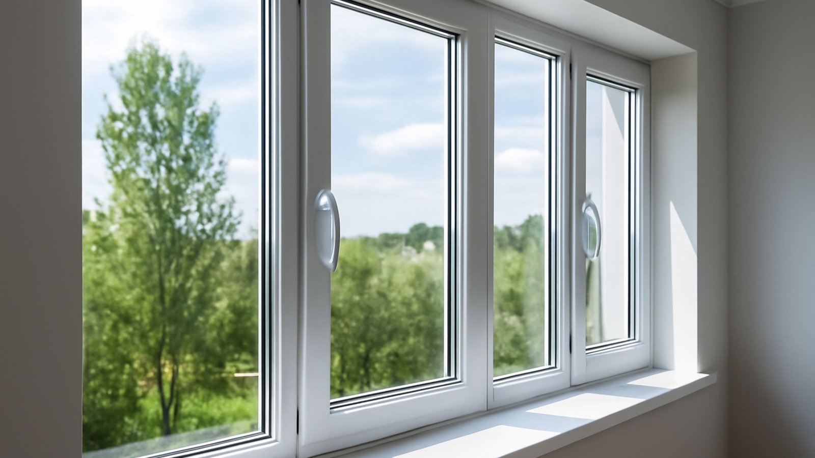 A set of four white, double-glazed windows with sleek handles, offering a clear view of a lush green landscape outside. The windows are designed for energy efficiency, providing ample natural light while maintaining thermal insulation.