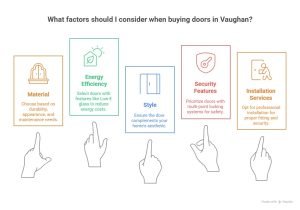 A graphic showing key factors to consider when buying doors in Vaughan: Material, Energy Efficiency, Style, Security Features, and Installation Services, with corresponding icons and text descriptions.
