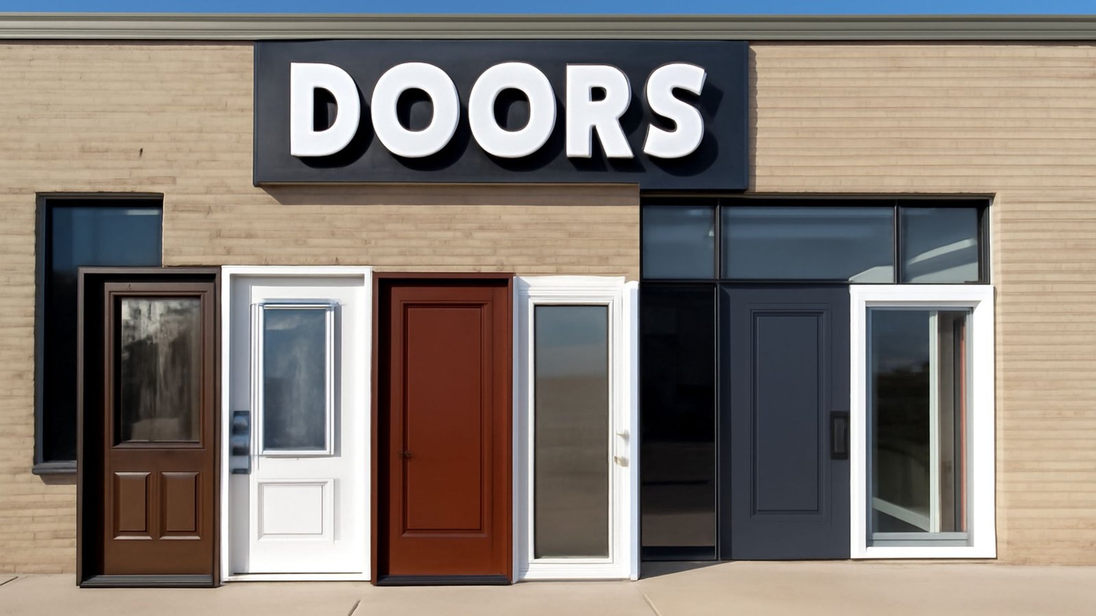 A display of various types of doors in a store, including wooden, white, and black options, showcasing different styles and finishes. The word "DOORS" is prominently displayed above.