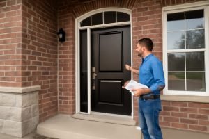  A person standing in front of a house, pointing at a black door while holding paperwork. The home features brick walls and large windows beside the door.