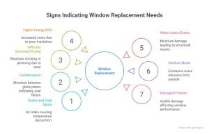 Infographic titled "Signs Indicating Window Replacement Needs" showing seven signs: drafts and cold spots, condensation, difficulty opening/closing, higher energy bills, water leaks/stains, outdoor noise, and damaged frames.