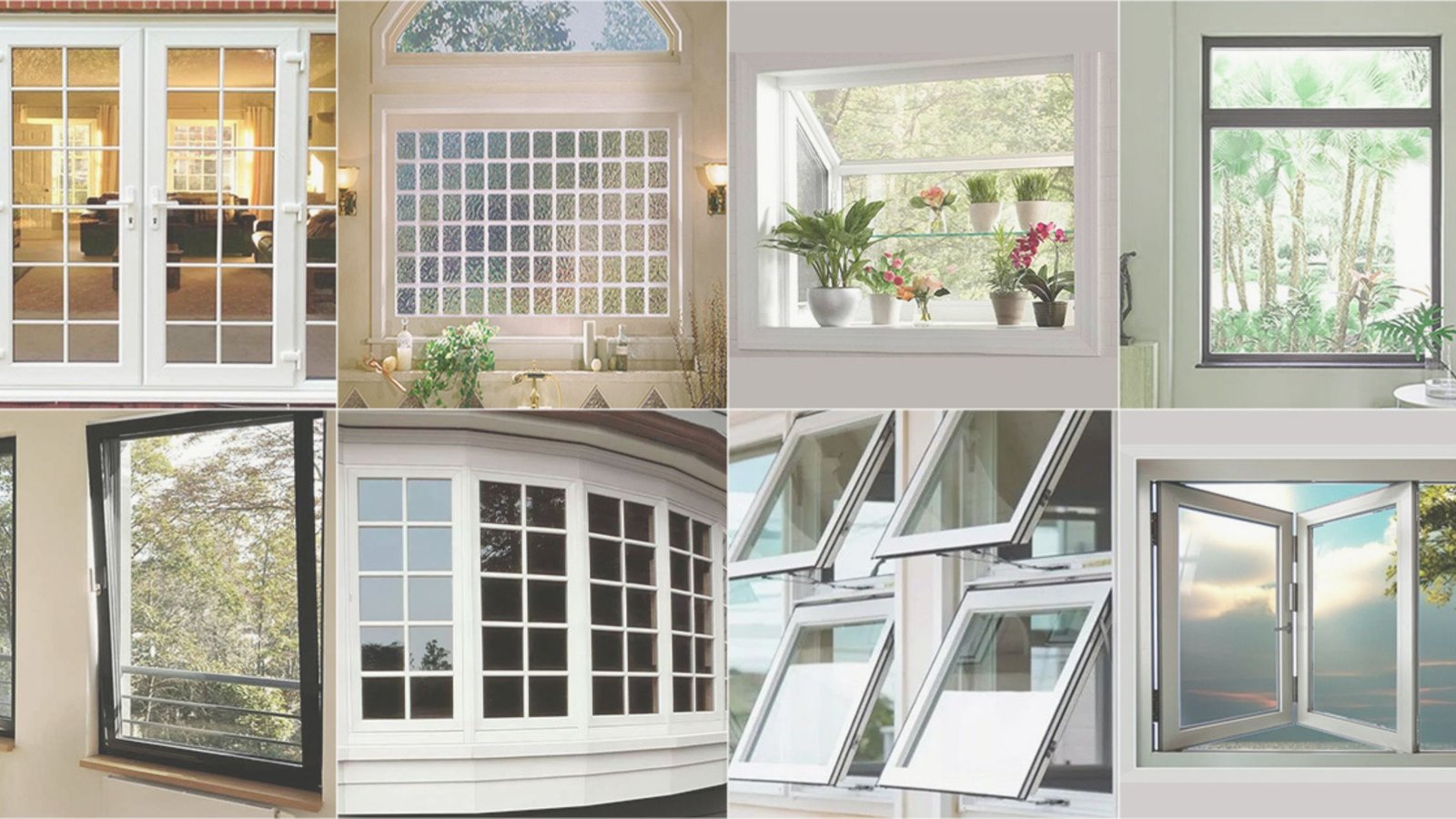 Collage showing eight different types of home windows including casement, sliding, awning, bay, picture, garden, glass block, and French windows.