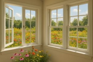Interior view of a room with two styles of windows—casement on the left, double-hung on the right—overlooking a vibrant field of colorful wildflowers.