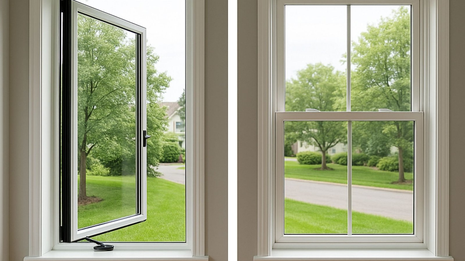 Side-by-side image of a casement window (left) opened outward with a crank and a double-hung window (right) with two vertically sliding sashes, showing a green yard.