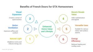 Infographic listing six benefits of French doors for GTA homeowners, including natural light, ventilation, visual expansion, resale value, versatile use, and energy efficiency.