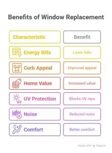 Infographic showing benefits of window replacement: lower energy bills, better curb appeal, higher home value, UV protection, less noise, more comfort.