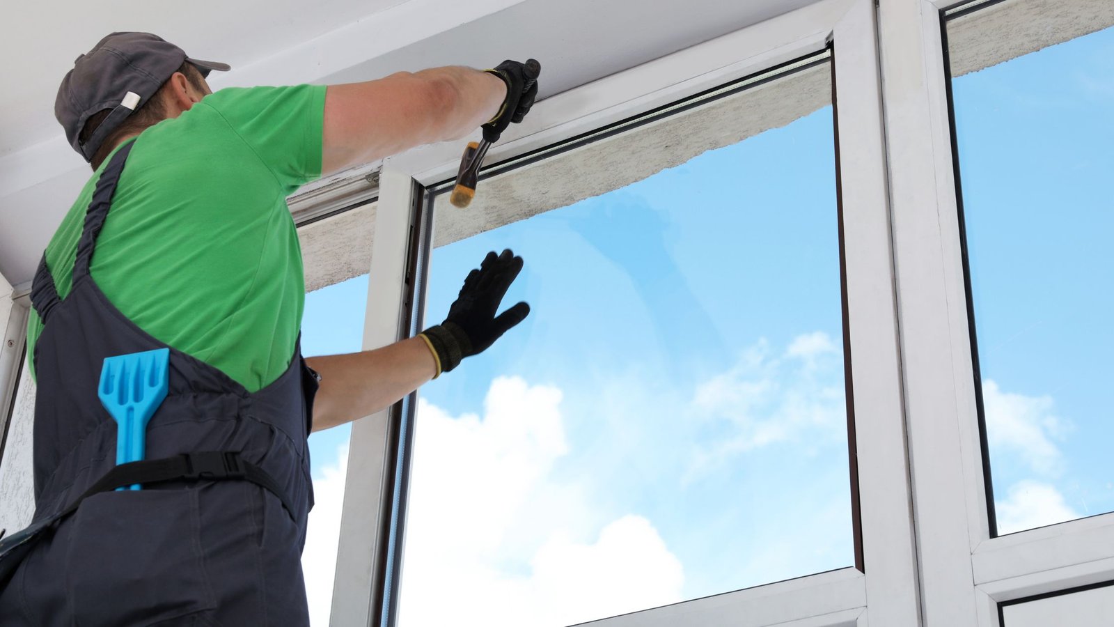 A window technician in work overalls and gloves uses a hammer to repair or install a large white-framed window, with a clear blue sky visible outside.