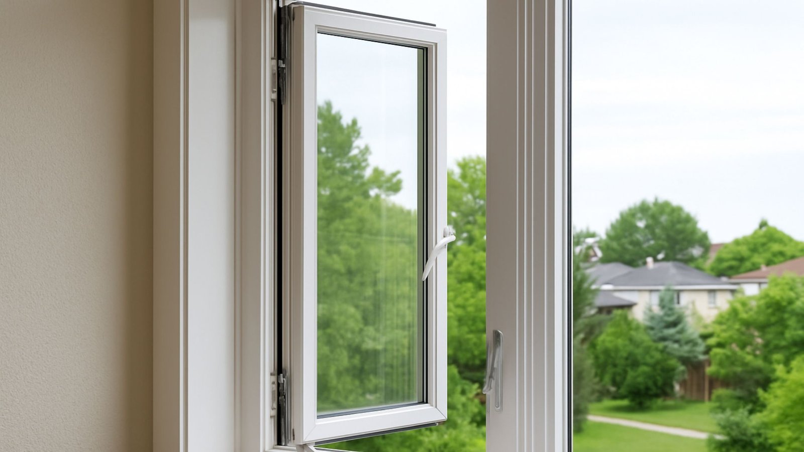 Interior view of a white casement window opened outward, revealing a suburban neighborhood with green trees and houses in the background.