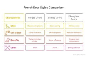 Comparison chart showing French door styles: hinged doors offer swing direction choice, sliding doors save space, and fiberglass doors are energy-efficient and durable.