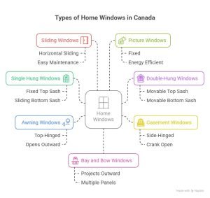 Infographic titled “Types of Home Windows in Canada,” displaying seven window types connected to a central “Home Windows” icon.