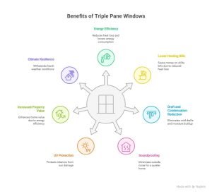 Infographic titled "Benefits of Triple Pane Windows" showing advantages such as energy efficiency, lower heating bills, draft and condensation reduction, soundproofing, UV protection, increased property value, and climate resilience.