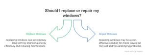 Infographic titled “Should I replace or repair my windows?” comparing the benefits of replacing versus repairing.