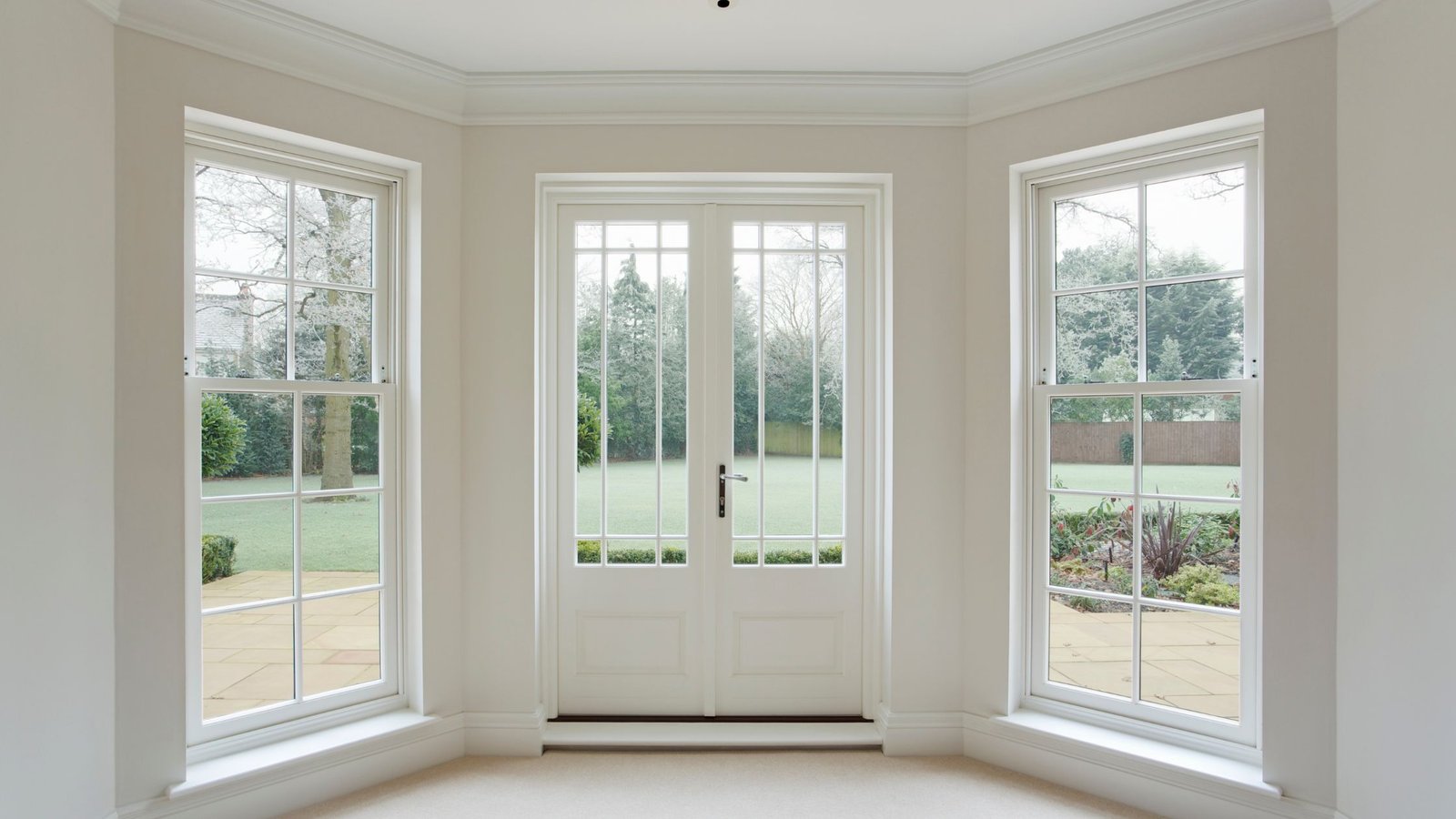Bright and elegant interior view of a room featuring white French doors flanked by two tall sash windows, all with divided glass panes, opening to a lush, green garden.