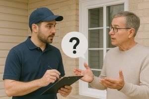 A concerned homeowner speaks with a window contractor holding a clipboard, with a large question mark in a speech bubble between them, indicating a consultation or decision-making moment.