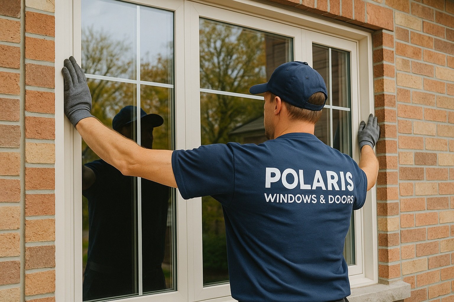 why-choose-polaris-for-triple-pane-windows Polaris Windows & Doors installer fitting energy-efficient triple-pane windows on a brick house.