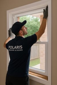 Professional window installer from Polaris Windows & Doors adjusting a newly fitted white-framed window inside a home.