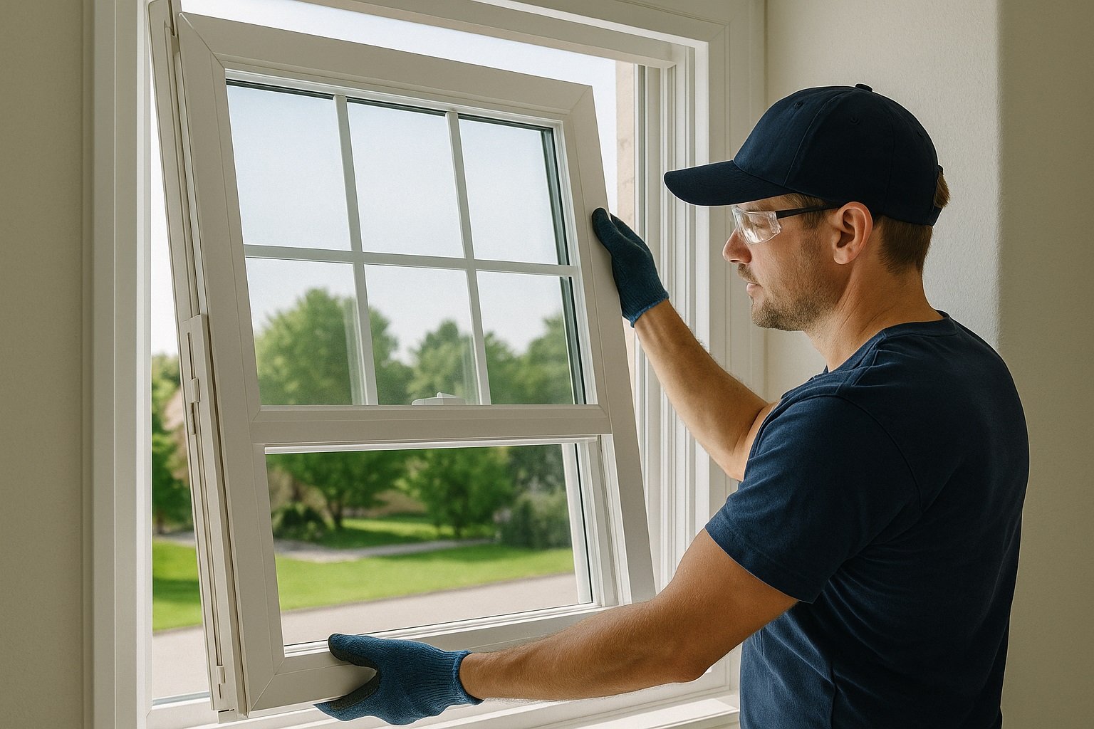 why-choose-us-for-double-hung-windows A window technician wearing safety glasses and gloves installing or removing a double-hung window sash inside a home, with a clear outdoor view of trees and a street.