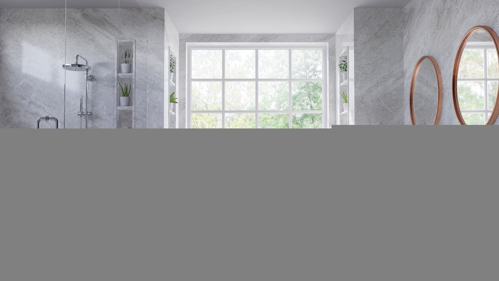 Luxurious bathroom with a large window behind a freestanding tub, glass-enclosed shower, and double vanity, illustrating the Best Window Type for Showers to maximize light and style.