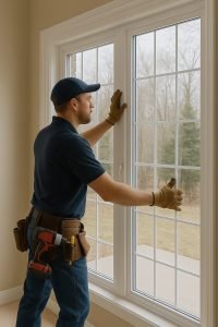 Technician installing energy-efficient windows in a Vaughan home, highlighting expert window replacement and the benefits of energy-efficient windows.