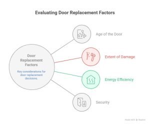 Infographic titled "Evaluating Door Replacement Factors" showing four key considerations, age of the door, extent of damage, energy efficiency, and security, for deciding whether to repair or replace a broken door.