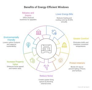Infographic showing key benefits of energy-efficient windows including lower energy bills, greater comfort, UV protection, noise reduction, increased property value, rebates, and eco-friendly sustainability.