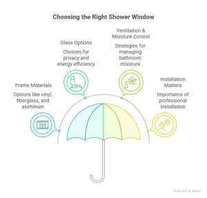 Infographic titled "Choosing the Right Shower Window" highlighting key factors—frame materials, glass options, ventilation and moisture control, and professional installation—for selecting the best window for a shower.
