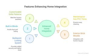 Infographic showing key features of patio doors for Ontario homeowners, including multipoint locking systems, built-in blinds, customizable grille patterns, maintenance-free PVC trims, and exterior brick moulds for better home integration.