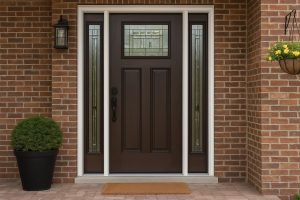 Elegant dark brown entry door with decorative glass panels and sidelights, set in a brick exterior, showcasing professional entry door installation for enhanced curb appeal and security.