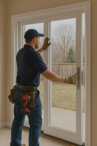 Technician installing sliding patio doors in an Ontario home, showing professional door replacement and energy-efficient patio door installation.