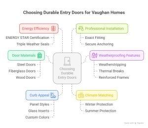 Infographic titled "Choosing Durable Entry Doors for Vaughan Homes" showing key factors in a step-by-step guide to choose durable entry doors.