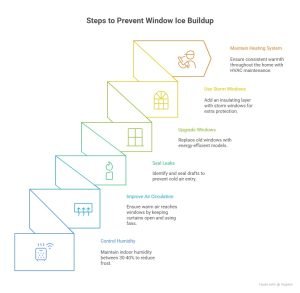 Infographic titled "Steps to Prevent Window Ice Buildup" showing six tips in a stair-step layout — control humidity, improve air circulation, seal leaks, upgrade windows, use storm windows, and maintain heating system — to help reduce frost and ice on windows.