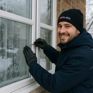 Smiling Polaris technician in winter clothing using a screwdriver to work on a frost-covered window, demonstrating a solution for preventing ice buildup on windows.