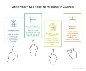 Infographic titled "Which window type is best for my shower in Vaughan?" comparing awning, casement, fixed privacy glass, and glass block windows, highlighting benefits for airflow, ventilation, privacy, insulation, and moisture resistance.