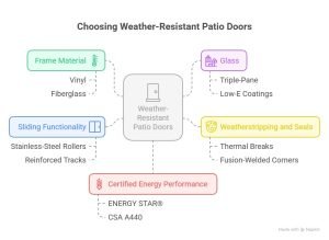 Infographic on how to choose patio doors in Ontario, showing key factors like frame material, glass, weatherstripping, sliding functionality, and certified energy performance.