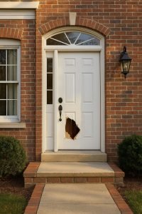 White front door with a large hole in the lower panel, set in a brick house entryway, showing a scenario to decide whether to repair or replace a broken door.