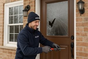 Smiling technician in a navy POLARIS uniform repairing a brown front door with a cracked glass panel, illustrating professional service to repair or replace a broken door.
