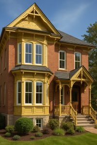Restored Victorian-style brick house with ornate yellow trim, bay windows, decorative gables, and a small covered porch, surrounded by manicured landscaping.