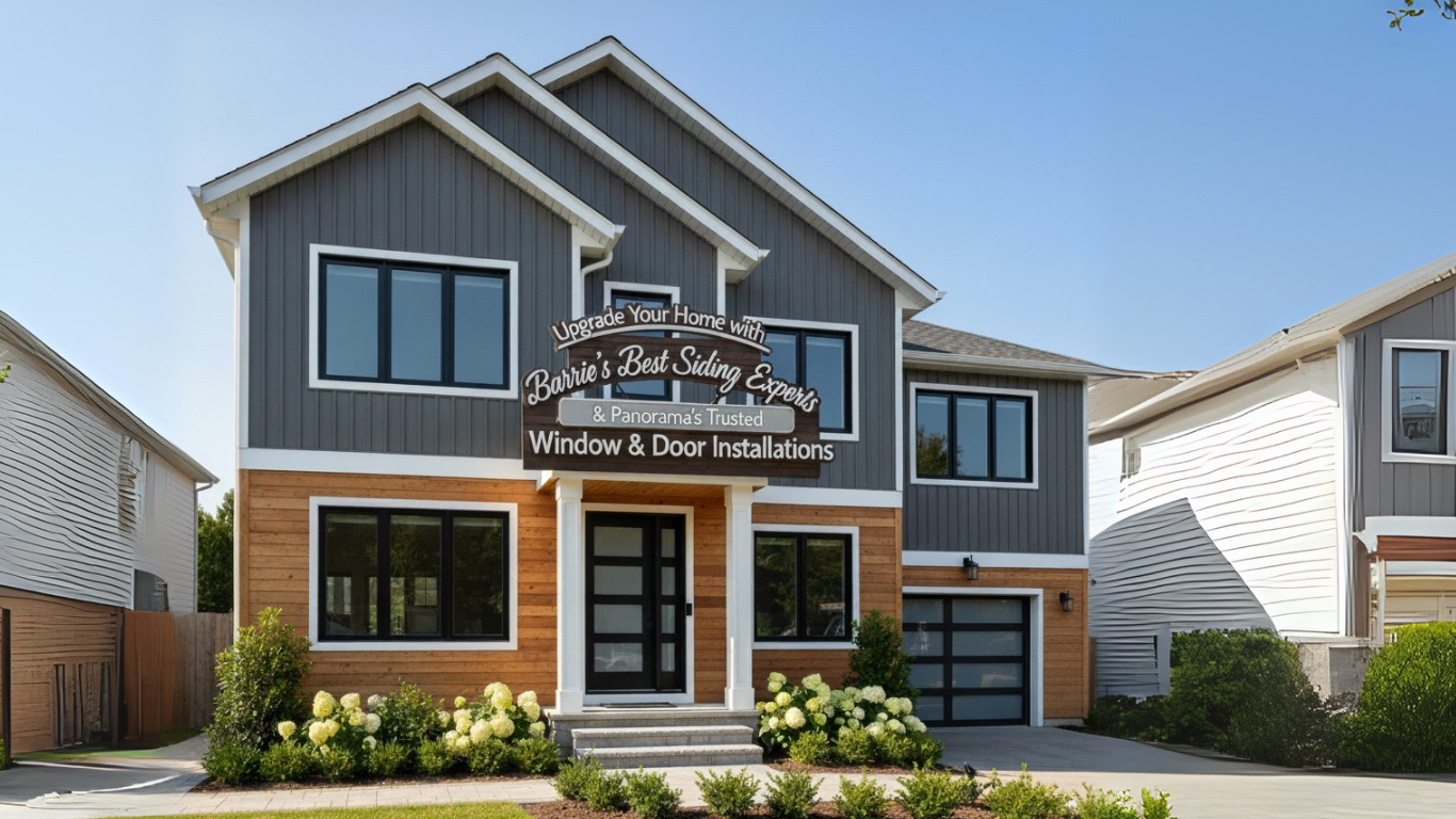 Modern two-storey home with a mix of wood and grey siding featuring a large sign that reads “Barrie’s Best Siding Experts & Panorama’s Trusted Window & Door Installations.”