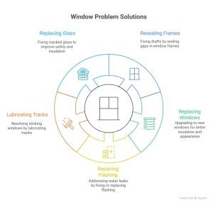 Infographic showing solutions for common window problems in Vaughan, including replacing glass, resealing frames, lubricating tracks, repairing flashing, and upgrading windows for better insulation.