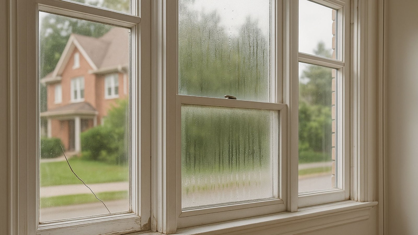 Close-up of cracked glass and condensation on residential windows, illustrating common window problems in Vaughan homes such as broken seals and drafts.