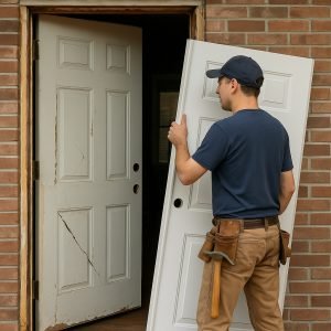 Professional installer replacing a damaged front door with a new white door, showing signs your door needs replacing in Vaughan homes.