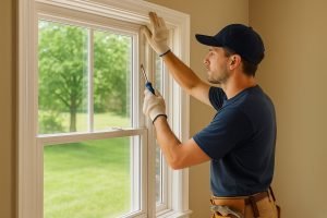 Professional installer repairing and sealing a residential window frame in Vaughan, addressing common window problems with expert installation services.