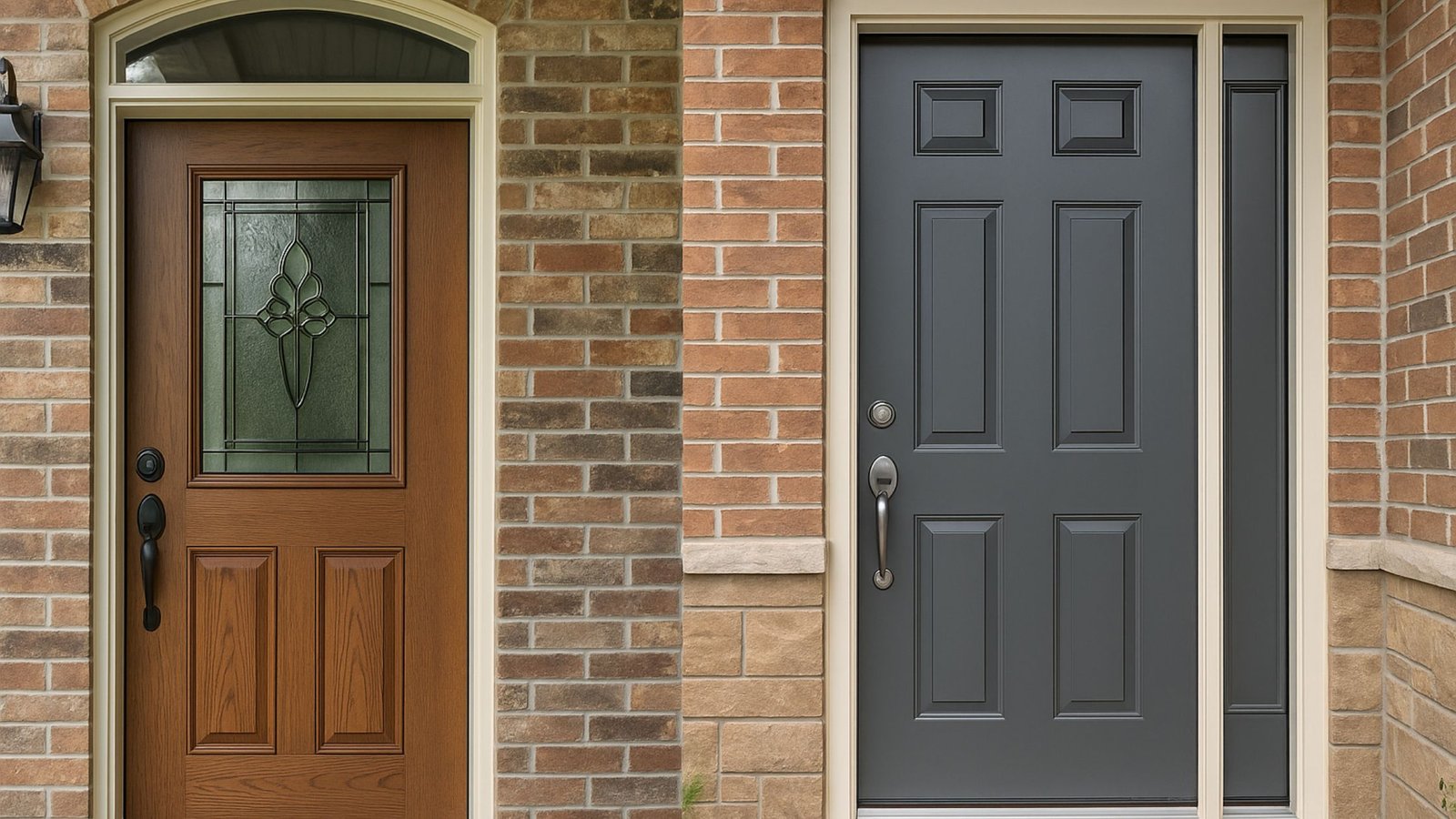 Fiberglass vs. Steel Doors side by side on Vaughan homes, showing a woodgrain fiberglass entry door with glass insert compared to a smooth gray steel door for security and durability.