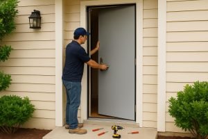 Technician installing a fire-rated door in a Vaughan home, showing expert installation for improved fire safety, smoke protection, and Ontario code compliance.