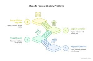 Infographic showing steps to prevent common window problems in Vaughan homes, including regular inspections, prompt repairs, upgrading to vinyl, and energy-efficient window upgrades.