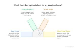 Infographic comparing popular front door options for Vaughan homes, highlighting steel doors for security, fiberglass doors for durability, wood doors for classic appeal, and glass panel doors for natural light and style.