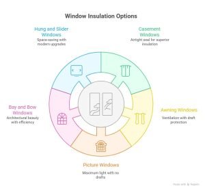 Infographic showing top window styles for maximum insulation in Vaughan homes, including casement, awning, picture, bay, bow, hung, and slider windows.