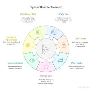 Infographic showing signs your door needs replacement, including high energy bills, drafty door, lock issues, water leaks, warped door, increased noise, and outdated appearance for Vaughan homeowners.